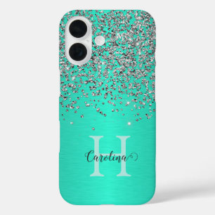 Silver Glitter, Brush Teal Steel, Personalised. iPhone 16 Case