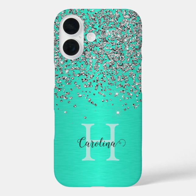 Silver Glitter, Brush Teal Steel, Personalised. Case-Mate iPhone Case (Back)