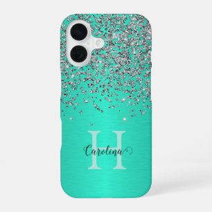 Silver Glitter, Brush Teal Steel, Personalised. iPhone 16 Case