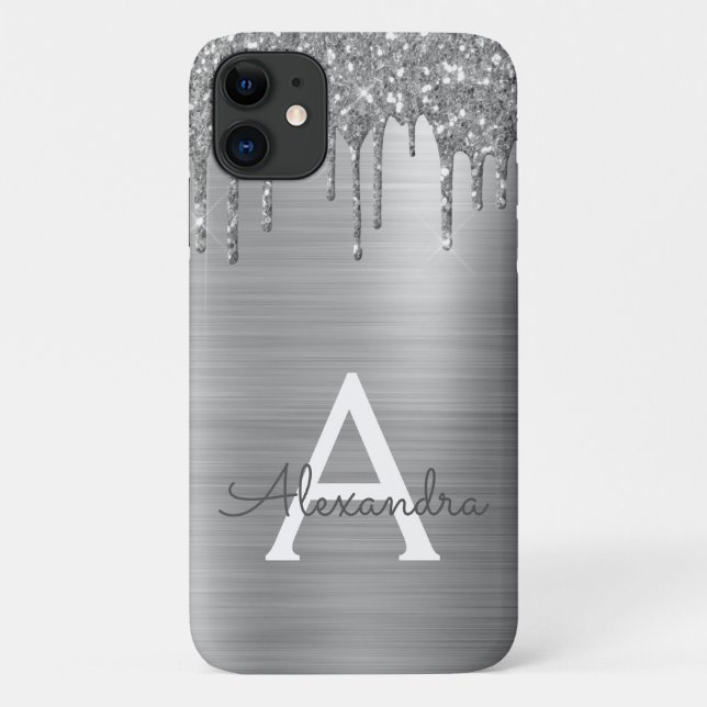 Silver Glitter Brushed Metal Monogram Name Case-Mate iPhone Case (Back)