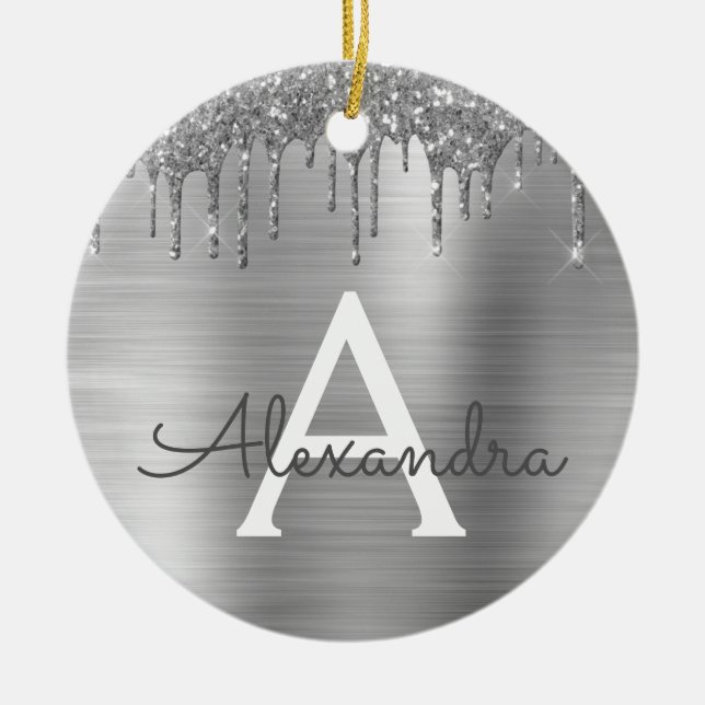 Silver Glitter Brushed Metal Monogram Name Ceramic Ornament (Front)