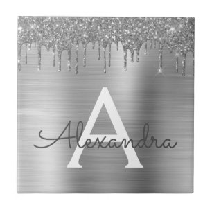 Silver Glitter Brushed Metal Monogram Name Ceramic Tile
