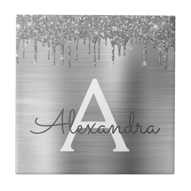 Silver Glitter Brushed Metal Monogram Name Ceramic Tile (Front)