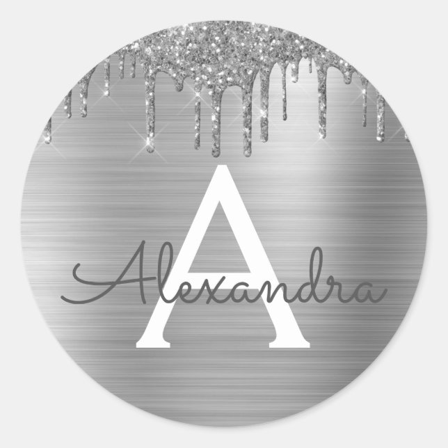 Silver Glitter Brushed Metal Monogram Name Classic Round Sticker (Front)
