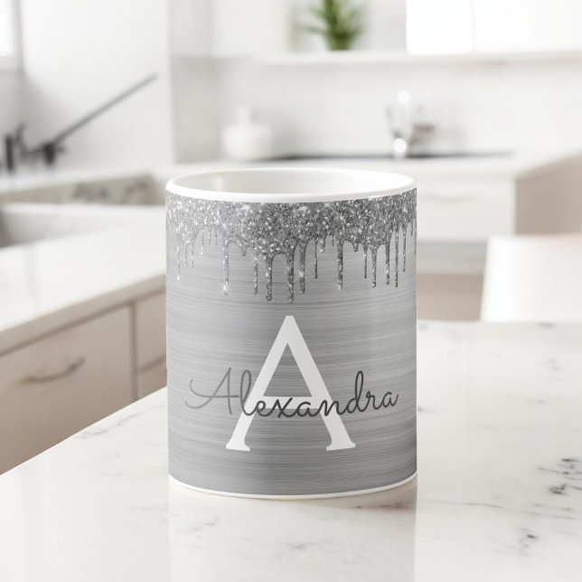 Silver Glitter Brushed Metal Monogram Name Coffee Mug (Creator Uploaded)