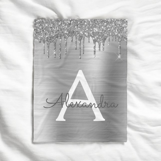 Silver Glitter Brushed Metal Monogram Name Fleece Blanket (Creator Uploaded)