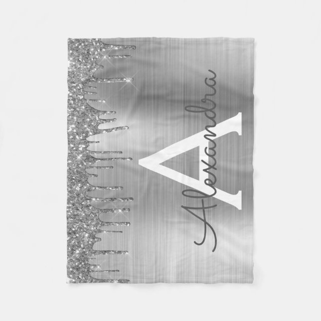 Silver Glitter Brushed Metal Monogram Name Fleece Blanket (Front)