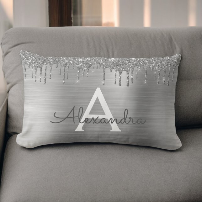 Silver Glitter Brushed Metal Monogram Name Lumbar Cushion (Creator Uploaded)
