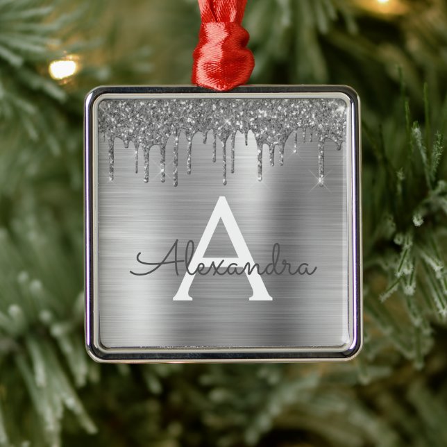 Silver Glitter Brushed Metal Monogram Name Metal Ornament (Tree)