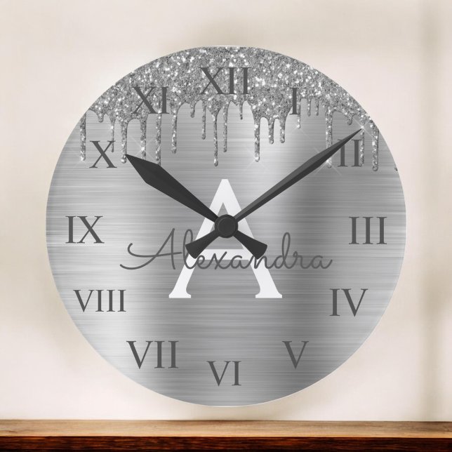 Silver Glitter Brushed Metal Monogram Name Round Clock (Creator Uploaded)