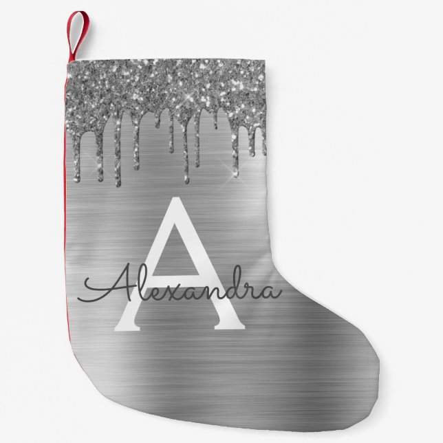 Silver Glitter Brushed Metal Monogram Name Small Christmas Stocking (Front)