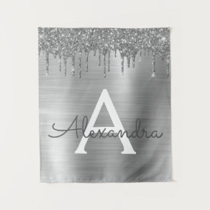 Silver Glitter Brushed Metal Monogram Name Tapestry