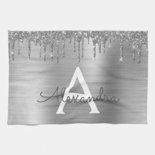 Silver Glitter Brushed Metal Monogram Name Tea Towel