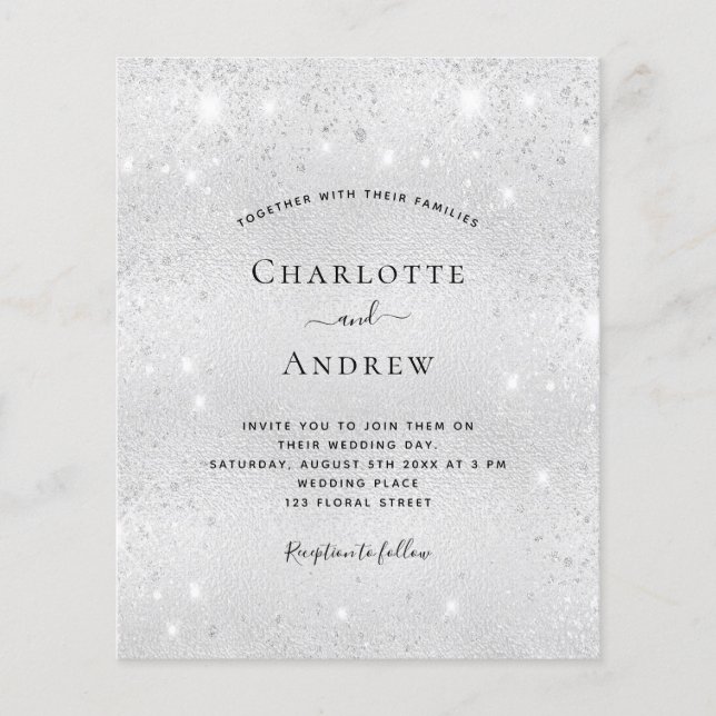 Silver glitter budget wedding invitation RSVP Flyer (Front)
