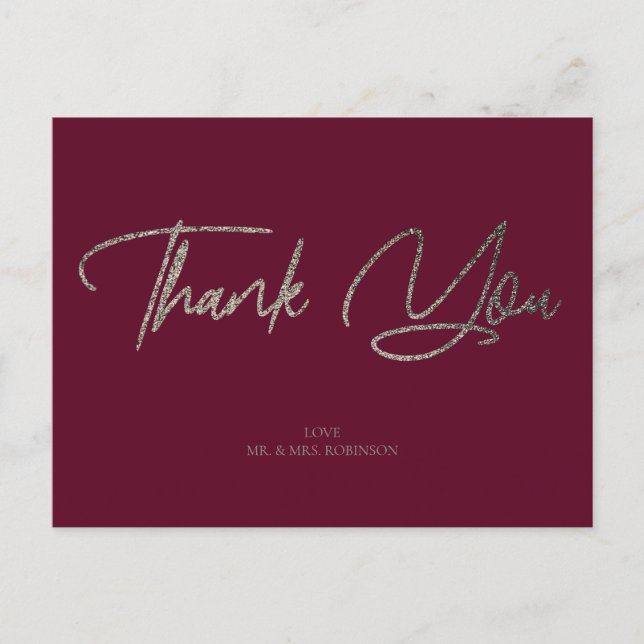 Silver Glitter & Burgundy Chic Thank You Custom Postcard (Front)