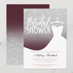 Silver glitter burgundy dress Bridal shower Invitation