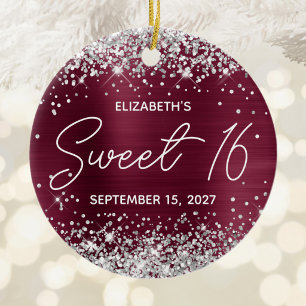 Silver Glitter Burgundy Foil Fancy Sweet 16 Photo Ceramic Ornament