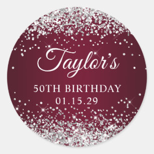 Silver Glitter Burgundy Ombre 50th Birthday Classic Round Sticker