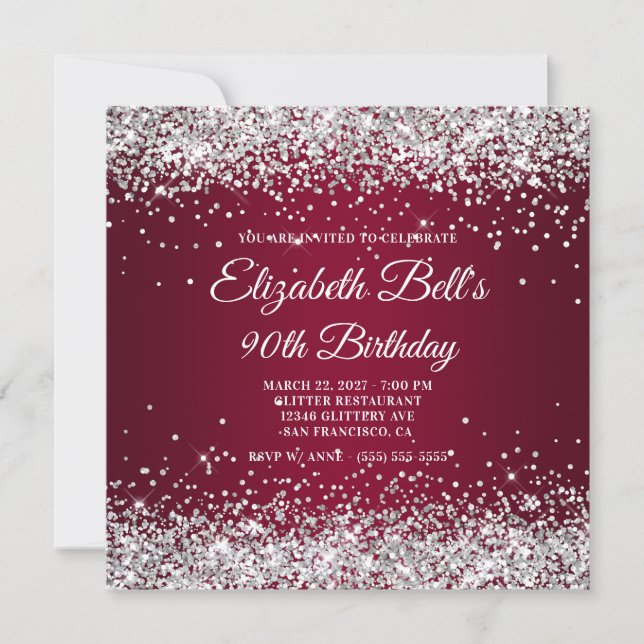 Silver Glitter Burgundy Ombre 90th Birthday Invitation (Front)