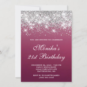 Silver Glitter Burgundy Ombre Bold 21st Birthday  Invitation