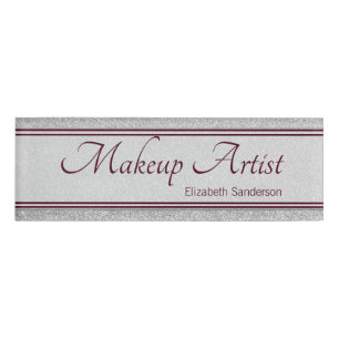 Silver Glitter Burgundy Personalised Makeup Artist Name Tag