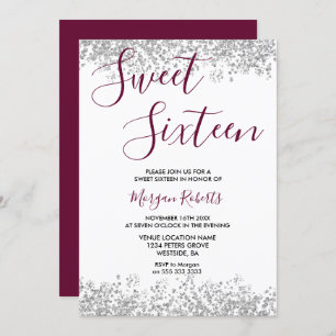 Silver Glitter Burgundy Sweet 16 Party Invitation
