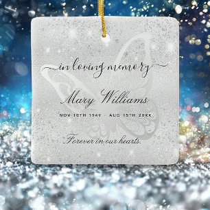Silver glitter butterfly memorial ceramic ornament
