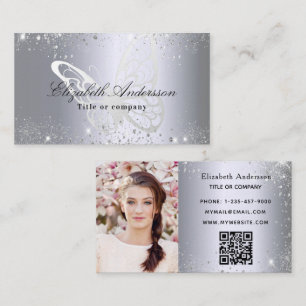 Silver glitter butterfly qr code photo business card
