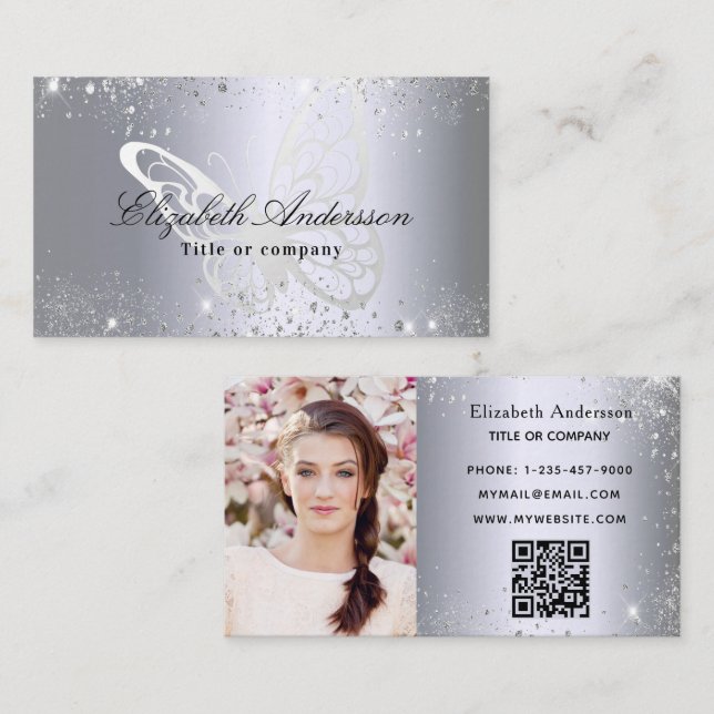 Silver glitter butterfly qr code photo business card (Front/Back)