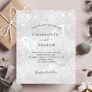 Silver glitter butterfly wedding budget invitation flyer