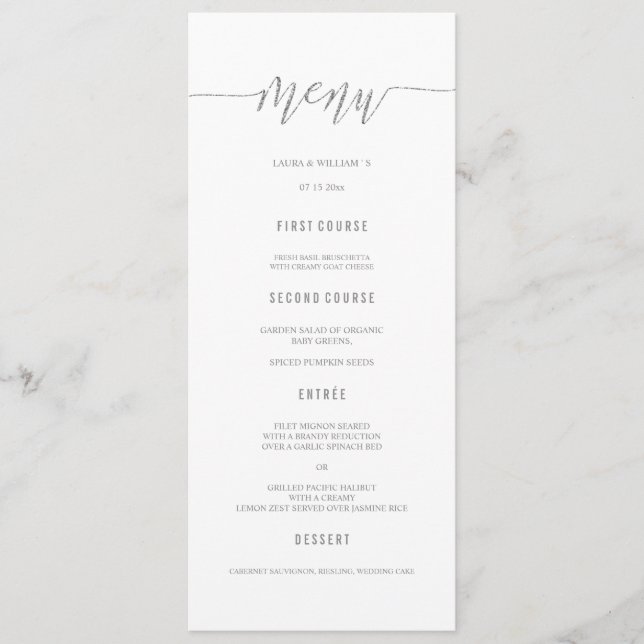 Silver Glitter Calligraphy Wedding Menu Cards (Front)