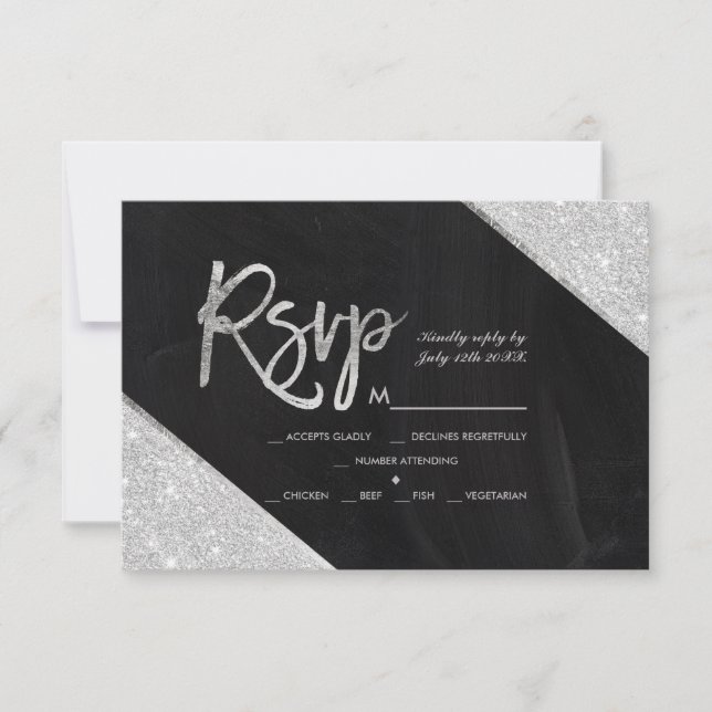 Silver glitter chalkboard  script wedding Rsvp (Front)
