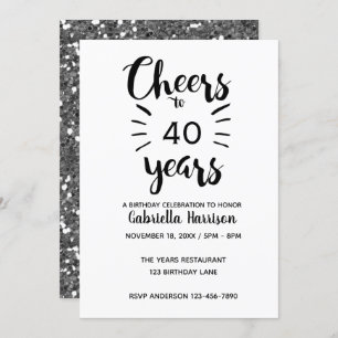 Silver Glitter Cheers to 40th Birthday Invitation
