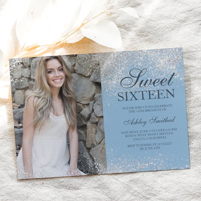 Silver glitter chic icy blue photo Sweet 16 Invitation (Creator Uploaded)