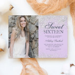 Silver glitter chic lavender photo Sweet 16 Invitation<br><div class="desc">A modern simple silver glitter sparkles stylish on customisable light purple lavender Sweet sixteen birthday party invitation,  add your picture .</div>