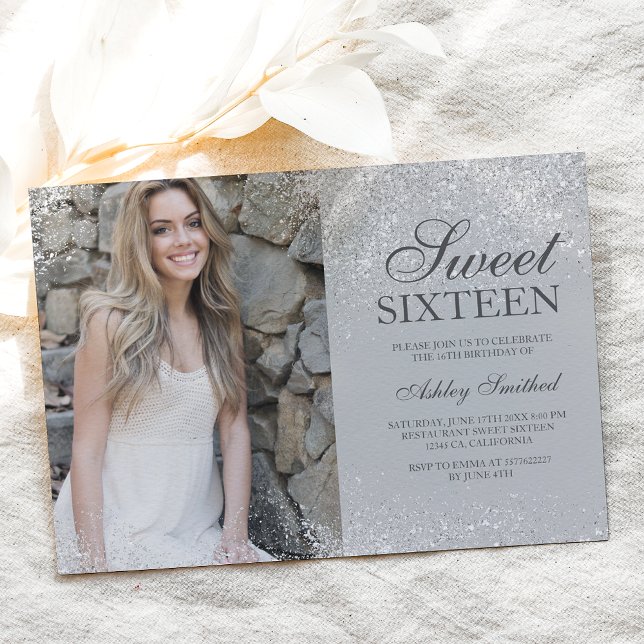 Silver glitter chic princess grey photo Sweet 16 Invitation (Creator Uploaded)