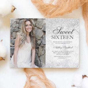 Silver glitter chic white marble photo Sweet 16 Invitation