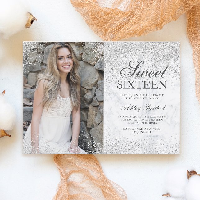Silver glitter chic white marble photo Sweet 16 Invitation (Creator Uploaded)