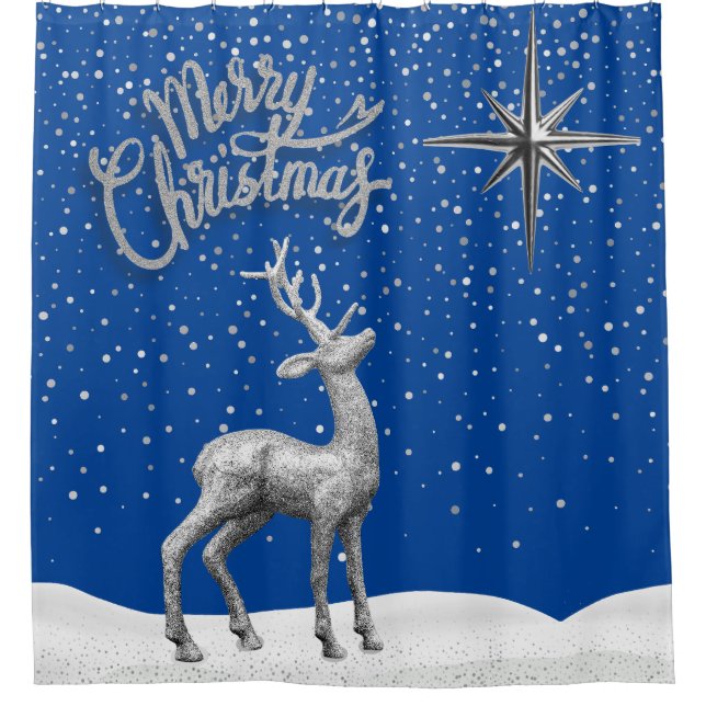 Silver Glitter Christmas Reindeer with Silver Star Shower Curtain (Front)
