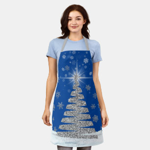 Silver Glitter Christmas Tree On Blue Apron