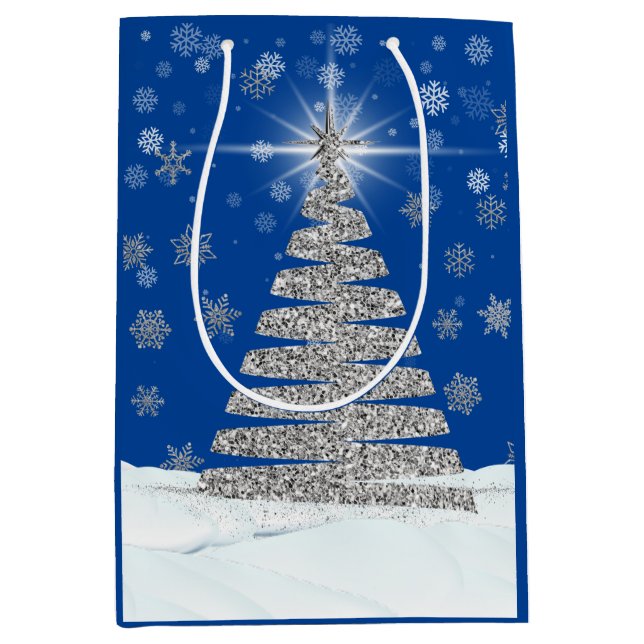 Silver Glitter Christmas Tree On Blue Medium Gift Bag (Front)