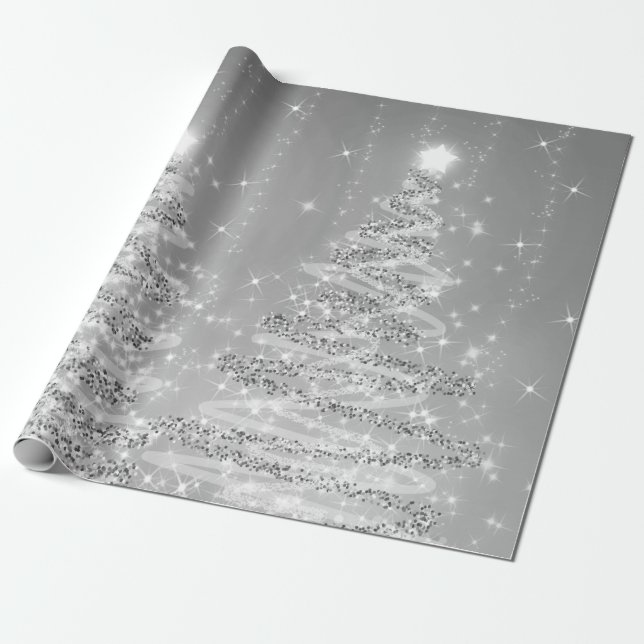 Silver Glitter Christmas Trees Holiday Wrapping Paper (Unrolled)