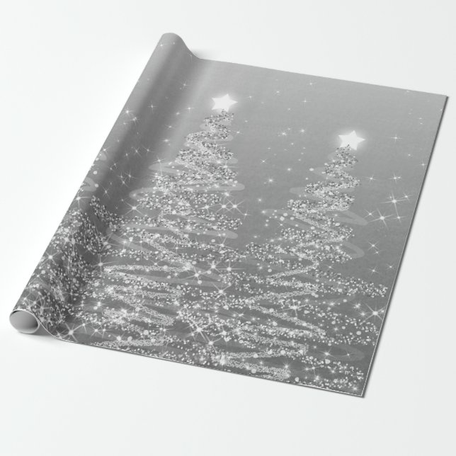 Silver Glitter Christmas Trees Holiday  Wrapping Paper (Unrolled)