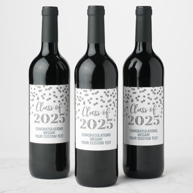 Silver Glitter Class of 2025 Graduation Wine Label (Bottles)