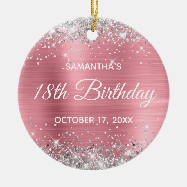 Silver Glitter Classic Pink Foil 18th Birthday Ceramic Ornament (Front)