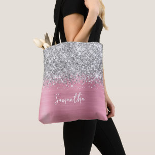 Silver Glitter Classic Pink Glam Name Tote Bag