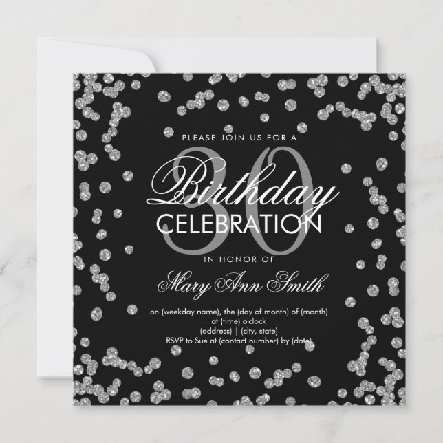 Silver Glitter Confetti 30th Birthday Black Invitation (Front)