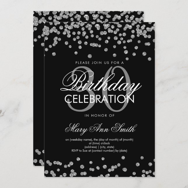 Silver Glitter Confetti 30th Birthday Black Invitation (Front/Back)