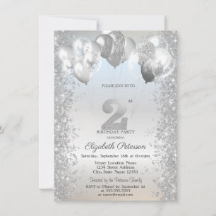 Silver Glitter Confetti Balloons 2nd Birthday Invitation