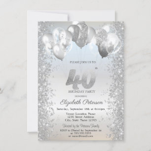 Silver Glitter Confetti Balloons 40th Birthday Invitation
